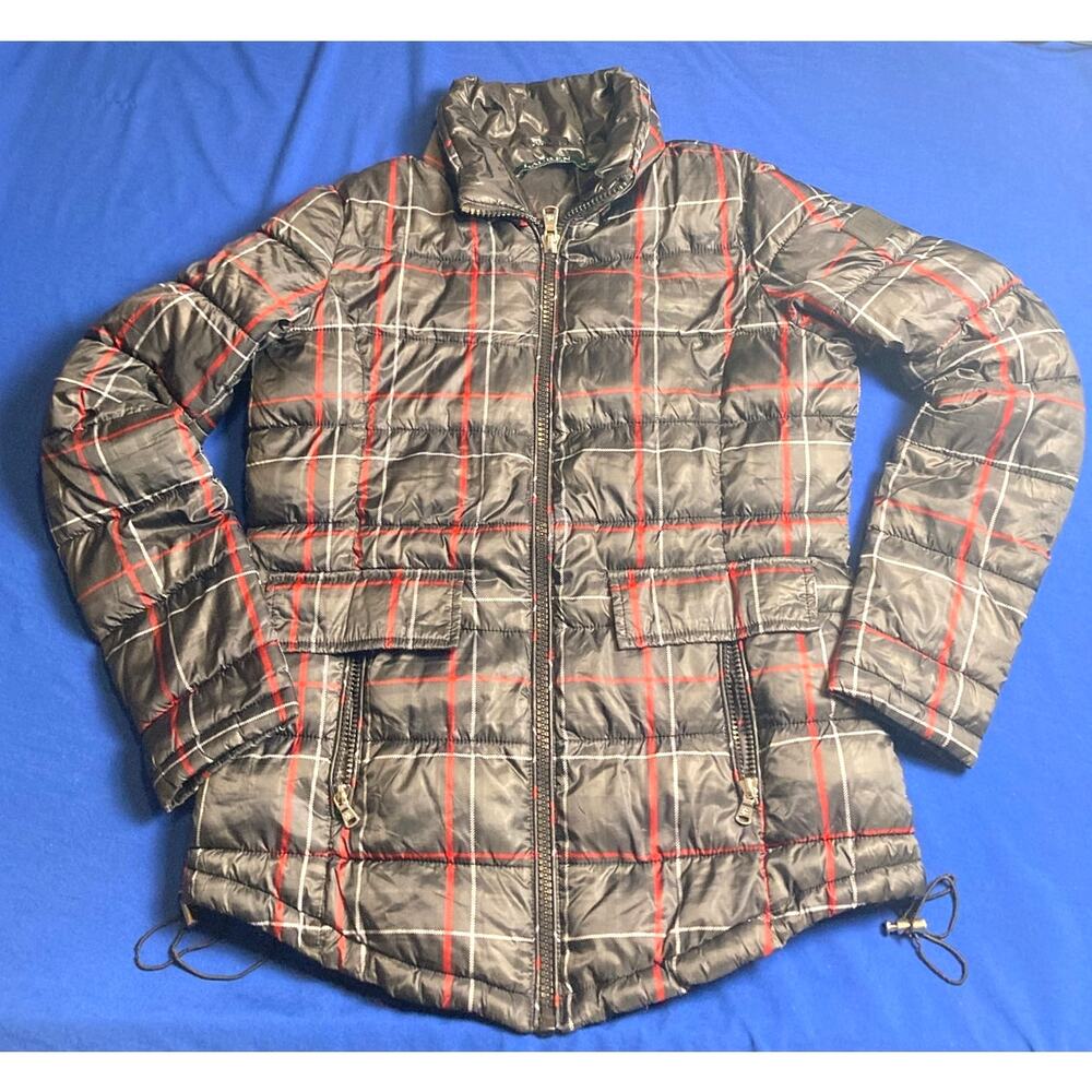 Ralph Lauren Puffer Jacket Coat Women's Extra Small-  Black Red Stripe Plaid